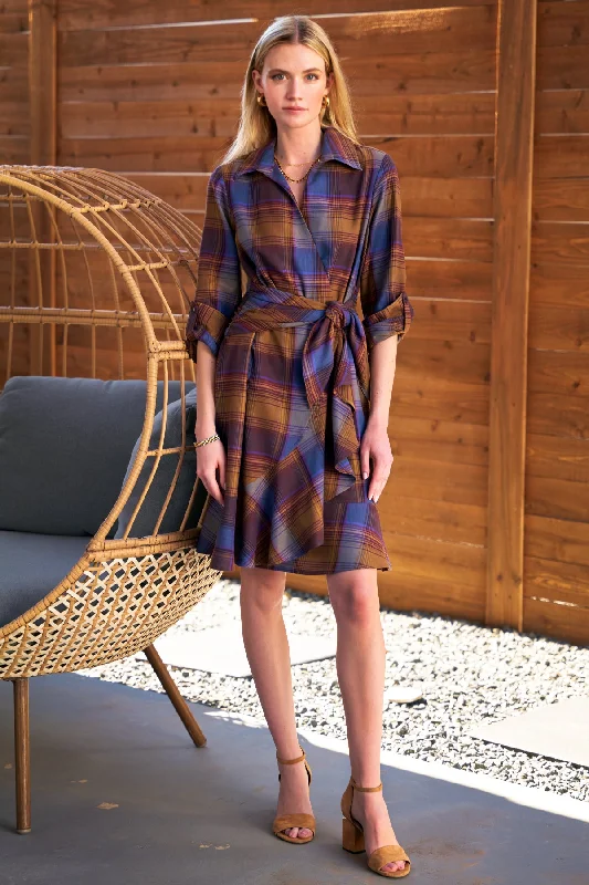 Recycled Fabric ShirtsFarrah Tie Front Shirt Dress Brushed Plaid