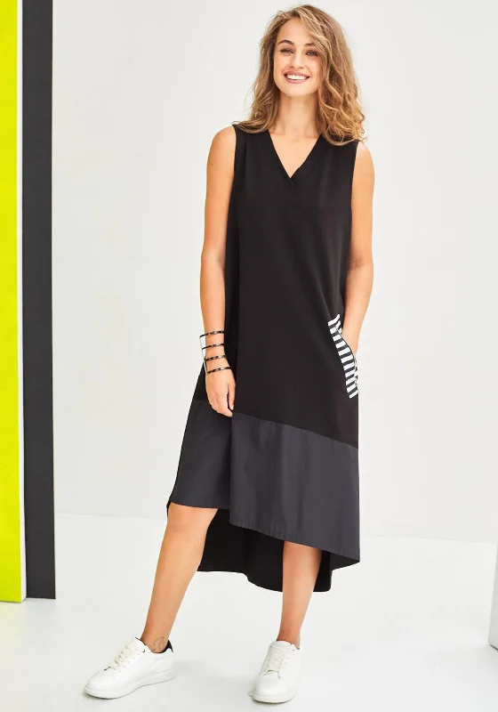 Designer DressNaya Stripe Panel Piece Long Sleeveless Dress, Black