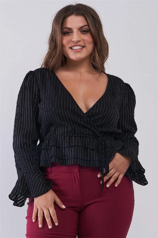 Junior Plus Size Black Sheer Pinstripe Plunging Wrap V-Neck Layered Hem Crop Top /2-2-2VNeckTopSpartan