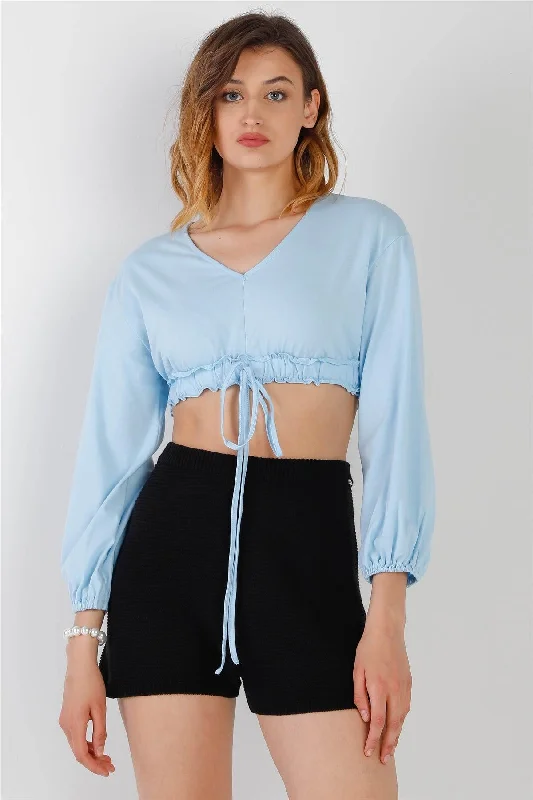 Blue Self-Tie Ruffle Hem V-Neck Long Balloon Sleeve Crop Top /2-2-2VNeckTopCanyon