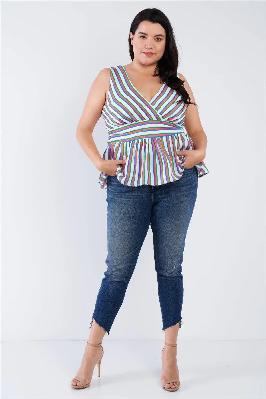 Junior Plus Size Multi Stripe V-Neck Waist Tie Mock Peplum Top  /3-2-1VNeckTopQuasar