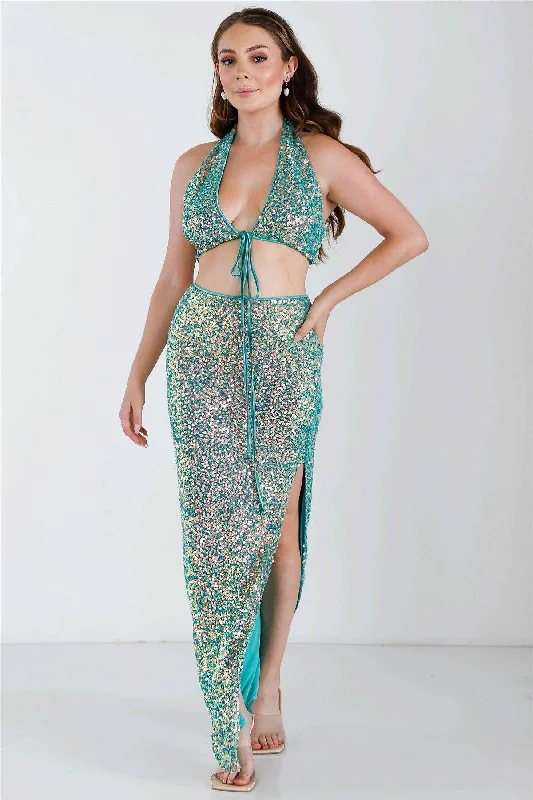 Green Sequin V-Neck Sleeveless Crop Top & High Waist Maxi Skirt Set /4-2-1VNeckTopSummit