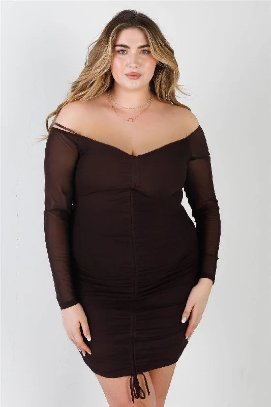 Junior Plus Chocolate Mesh Front Ruched Detail Off-The-Shoulder Long Sleeve Mini Dress /2-2-2