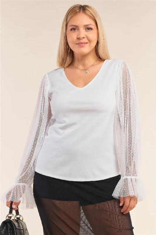 Junior Plus Size White Relaxed Fit Deep Plunge V-Neck Long Polka Dot Mesh Balloon Sleeve Top /2-2-2VNeckTopIron