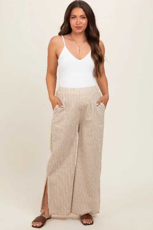 RompersTaupe Striped Linen Slit Hem Maternity Pants