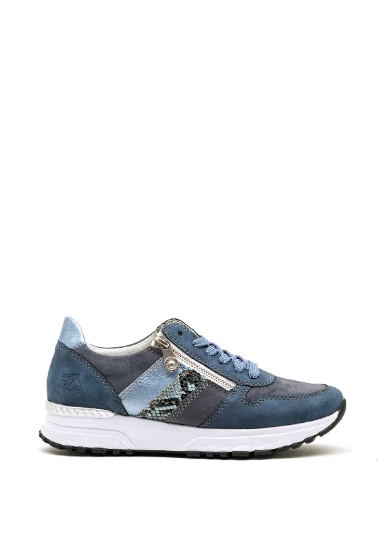 Denim tasselsRieker Womens Leather Zip Low Wedged Trainers, Denim