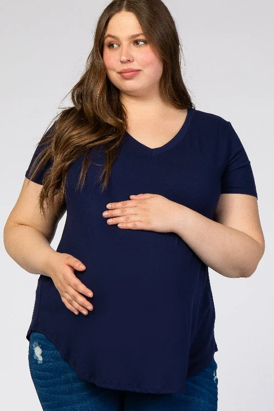 Navy Blue V-Neck Short Sleeve Maternity Plus TopVNeckTopPirate