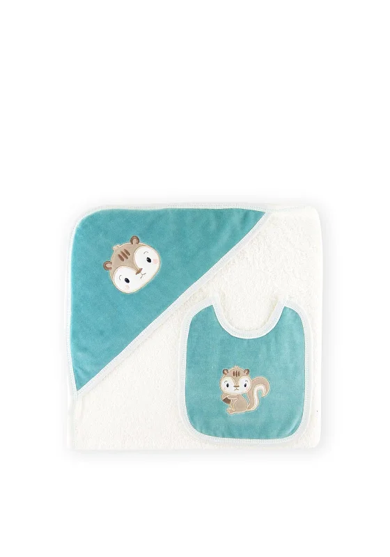 Sardon Baby Squirrel Hooded Towel and Bib Set, Green