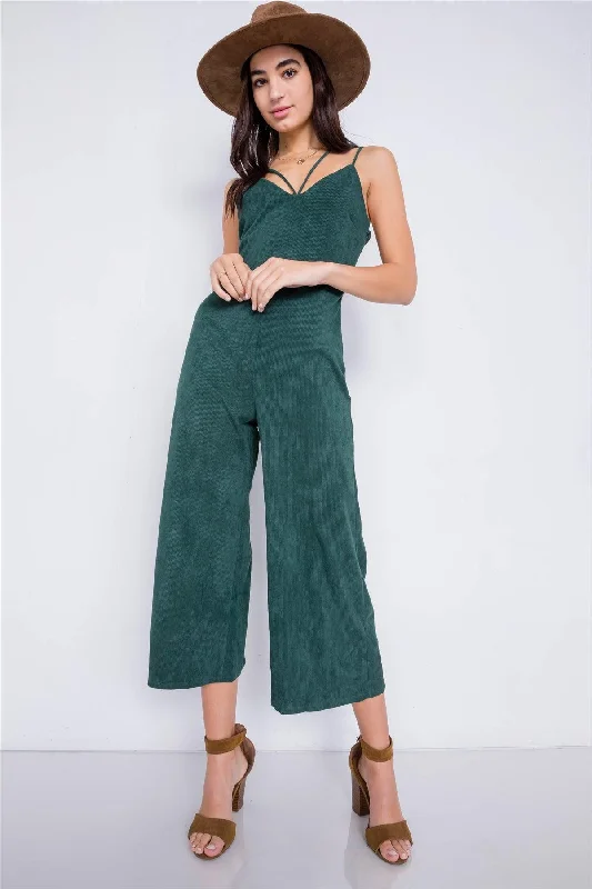 Green Corduroy Suede Cami V-Neck Straps Gaucho Midi Jumpsuit  /2-2-2VNeckTopAura