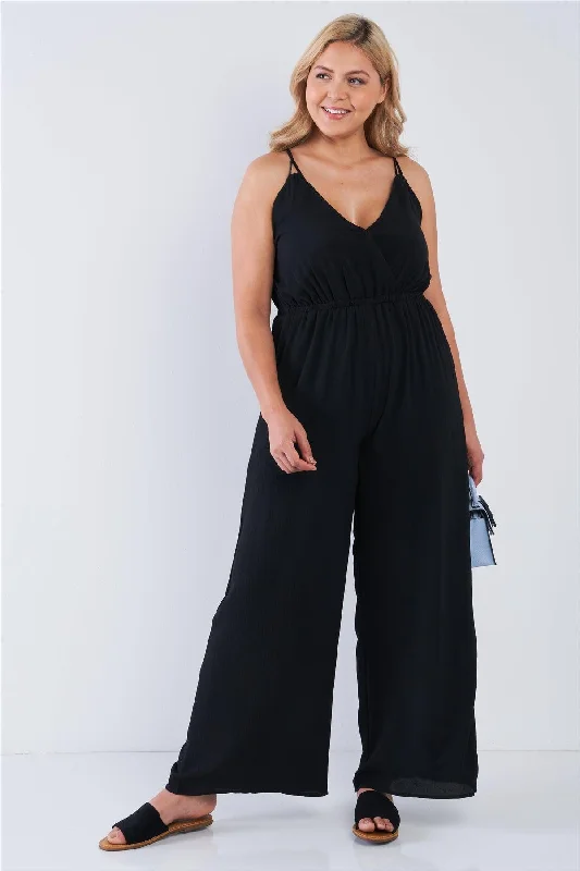 Junior Plus Size Black V-Neck Cami Wide Leg Self-Tie Criss Cross Back Jumpsuit /2-2-2VNeckTopSummit