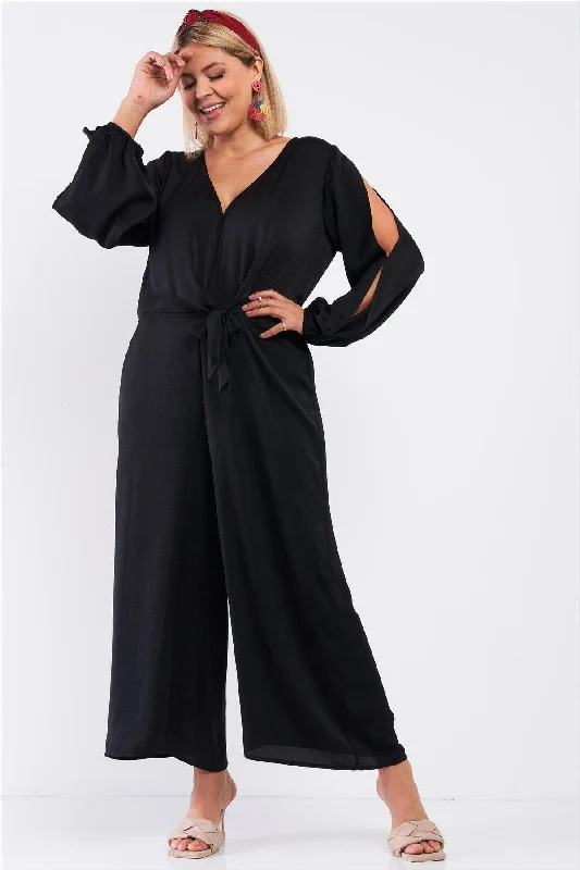 Junior Plus Size Black Satin V-Neck Self-Tie Waist Slit Sleeve Detail Jumpsuit /1-1-1VNeckTopRuby