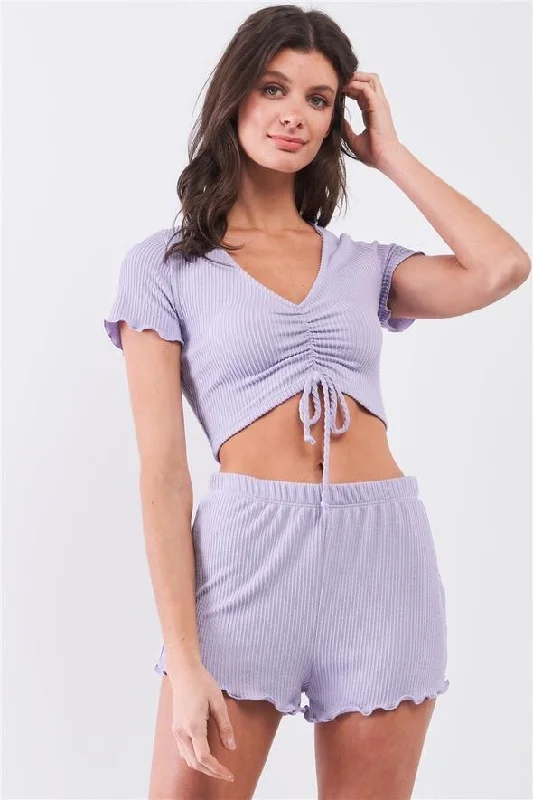 Lavender Ribbed Drawstring Ruched Front V-Neck Short Sleeve Frill Trim Cropped Top & High-Waisted Shorts SetVNeckTopTide