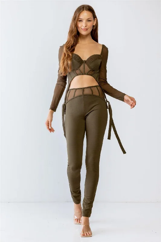 Cargo ShortsOlive Rushed Bust Corset Mesh Long Sleeve Crop Top & High Waist Slim Fit Corset Detail Pants Set S-M-L/2-2-2