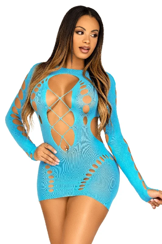 Seamless Cut-Out Long Sleeve Mini Dress, Faux Lace-Up