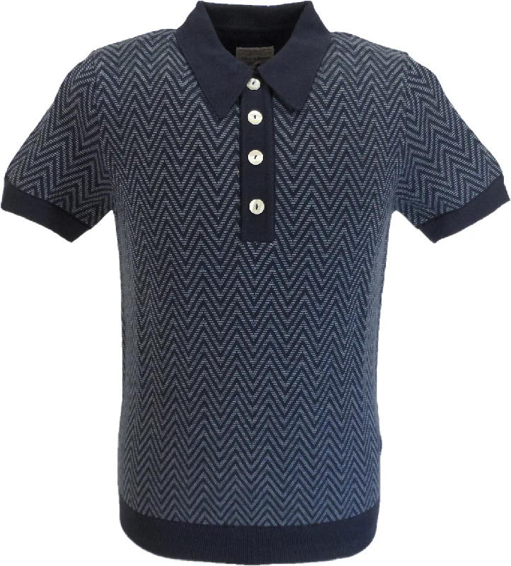 Knitted LightweightSka & Soul Mens Navy Herringbone Retro Knitted Polo Shirts