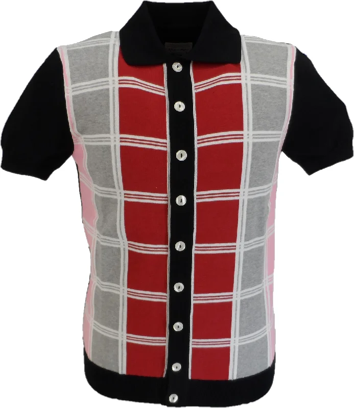 Knitted CollaredSka & Soul Mens Black Checked Front Knitted Polo Cardigans