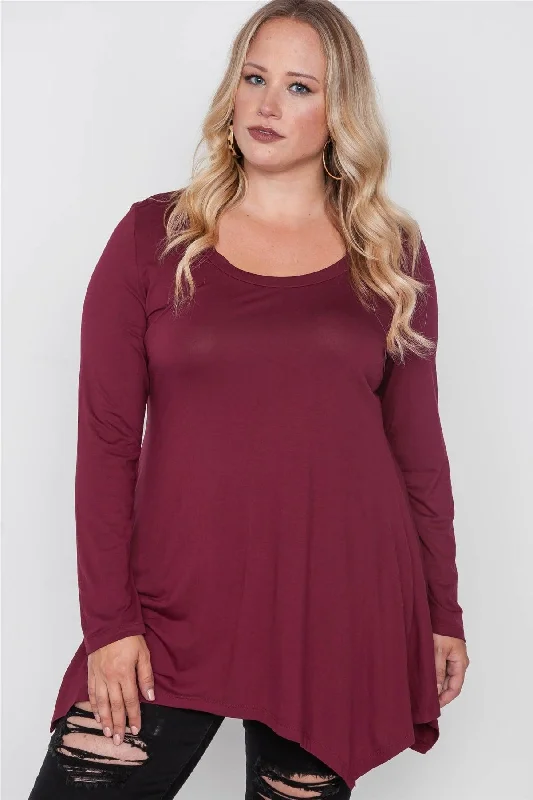 Plus Size Wine Long Sleeve Basic Top /2-2-2