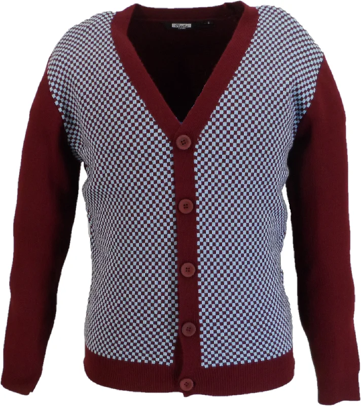 Knitted FallRelco Classic Retro Burgundy/Sky Checkerboard Cardigan