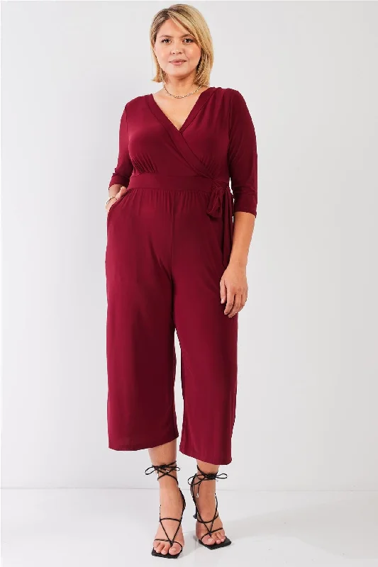 Junior Plus Burgundy Plunging V-Neck Midi Sleeve Self-Tie Waist Detail Wide Leg Midi Jumpsuit /0XVNeckTopOrbit