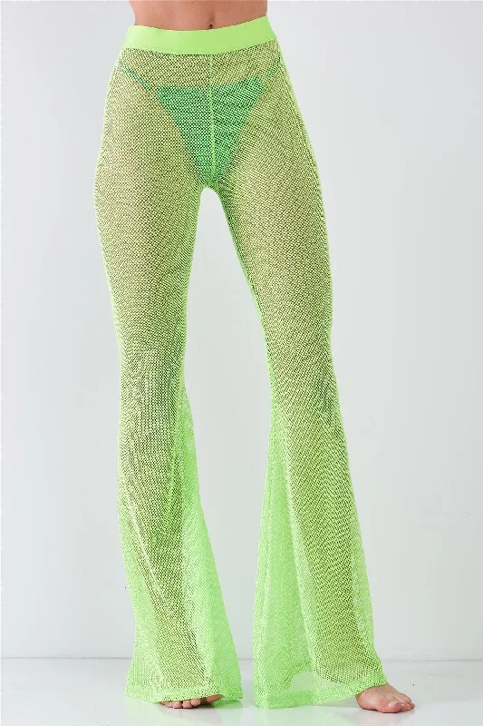 Cropped PantsNeon Green Sheer Tennis Net Mesh High Waist Bell Bottom Pants /2-2-2-1