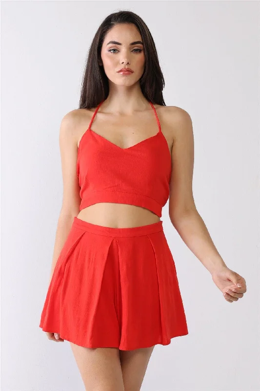 V-Neck Sleeveless Self-Tie Crop Top & High Waist Pleated Shorts SetVNeckTopVortex