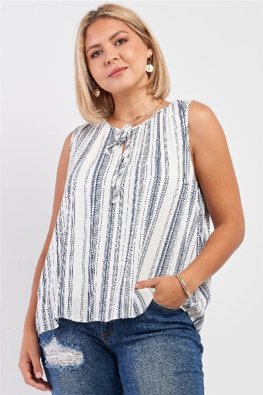 Junior Plus Navy & White Stitch Print Sleeveless Relaxed Fit Self-Tie V-Neck Top /2-2-1-1VNeckTopCosmo