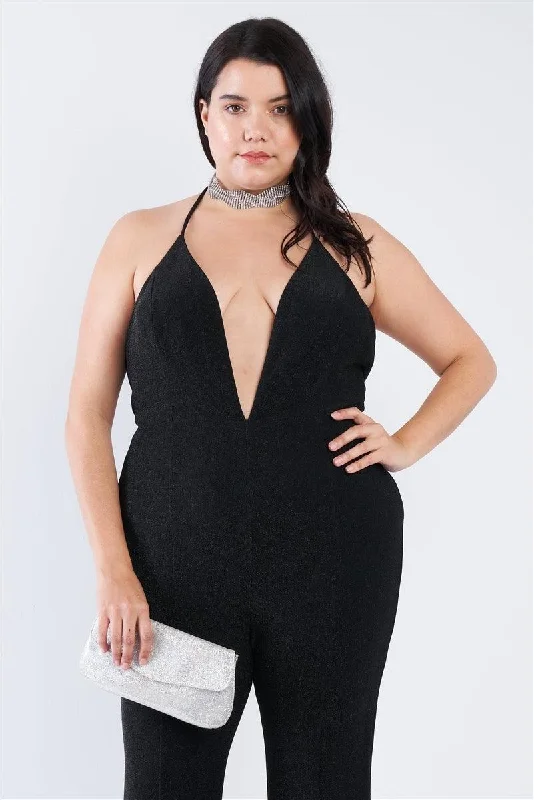 Junior Plus Size Black Shimmer Deep V-Neck Halter Flare Leg Jumpsuit /2-2-2VNeckTopSpark