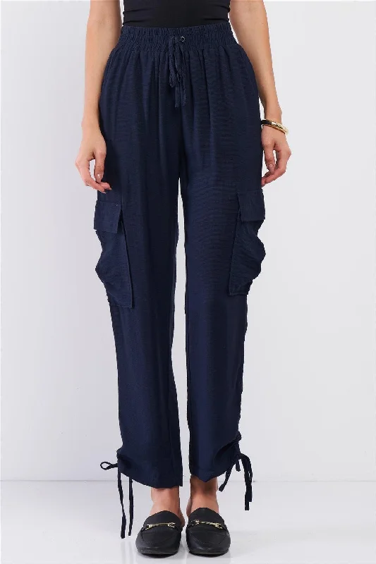 Harem PantsNavy Elastic Draw String Tie High Waist Two Side Leg Pockets Self-Tie Bottom Drawstring Jogger Pants /2-2-2