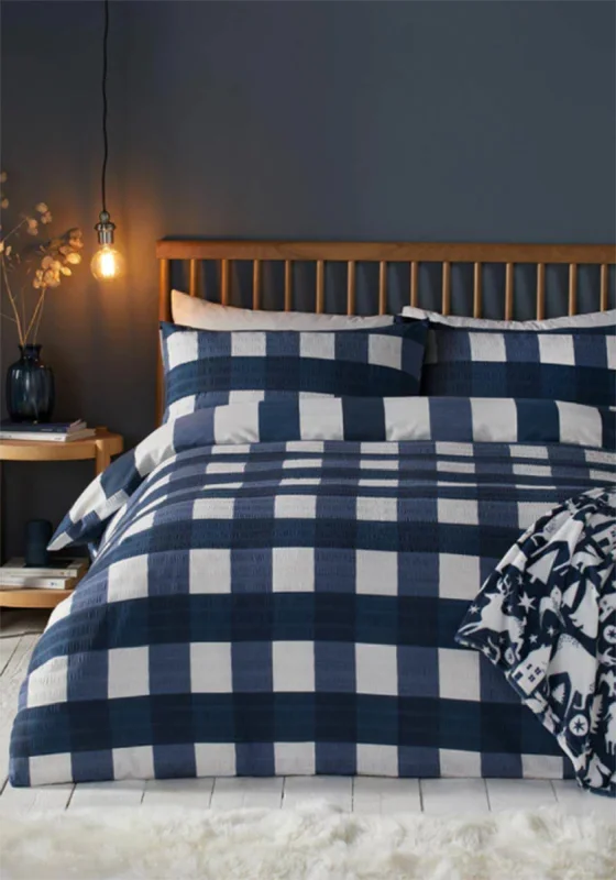 Fusion Seersucker Gingham Check Duvet Cover Set, Navy