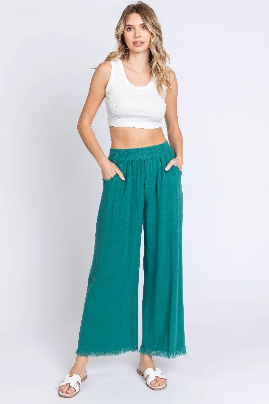 Fleece-lined PantsTeal Linen Frayed Hem Crop Pants