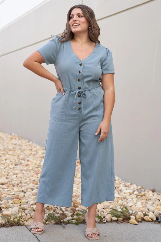 Junior Plus Natural Blue Short Sleeve V-Neck Front Button Down Self-Tie Waist Ankle Length Jumpsuit /2-2-2VNeckTopTerra