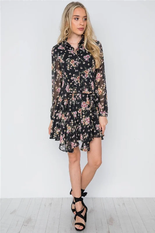 Black Floral Print Long Sleeve Chiffon Flounce Dress / 1-2-2-1