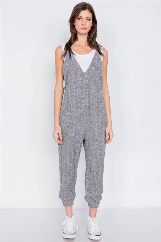 Grey Super Soft Ribbed V-Neck Knit Cinched Ankle Jumpsuit /2-2-2VNeckTopHalo