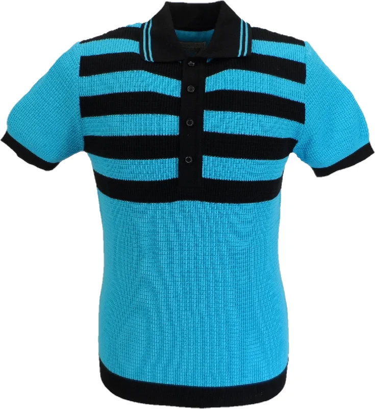 Knit ChunkySka & Soul Mens Hall Turquoise Blue Striped Waffle Knitted Polo Shirt