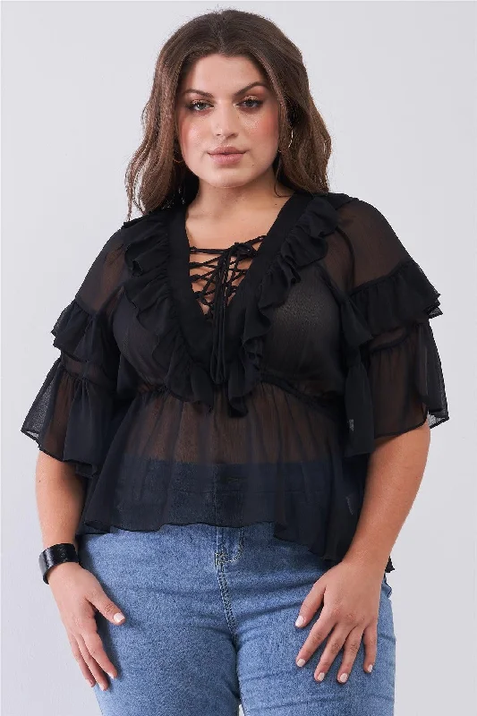 Junior Plus Black Sheer Mesh Ruffle Lace-Up V-Neck Detail Wide Sleeve Relaxed Top /2-2-2VNeckTopNinja