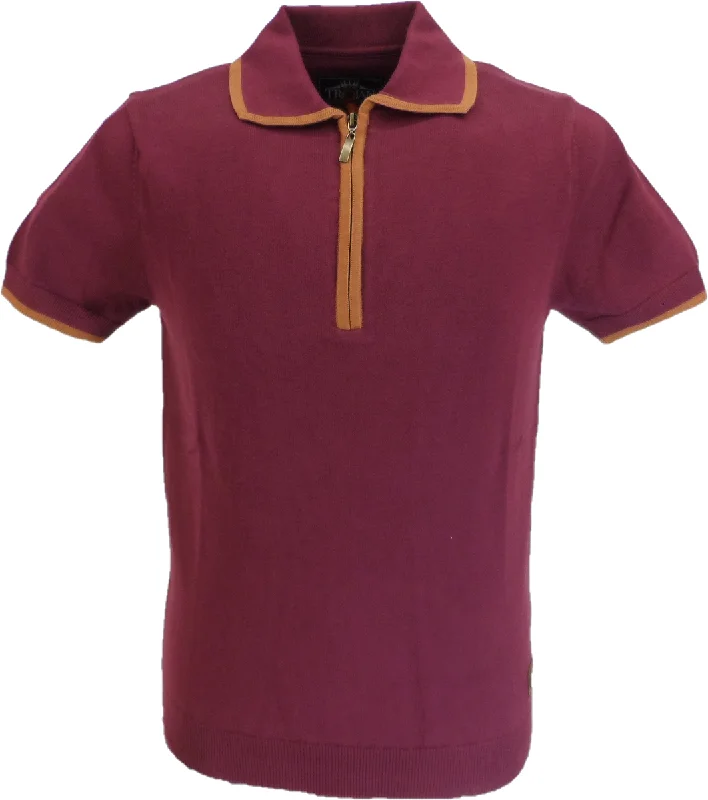 Knitted CardiganTrojan Records Mens Port Red Zipped Knitted Polo Shirt