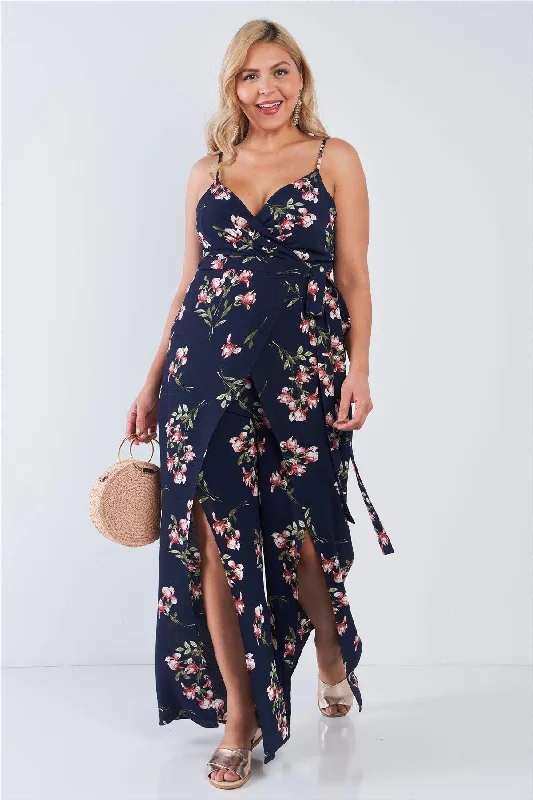 Junior Plus Size Navy Floral Print V-Neck Mock Wrap Wide Leg Slit Jumpsuit /2-2-2VNeckTopNebula