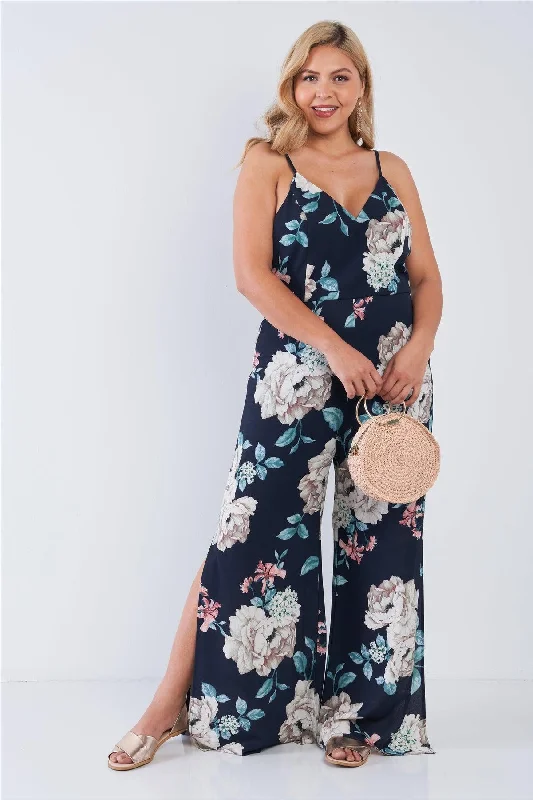 Junior Plus Size Navy Floral V-Neck Double Slit Wide Leg Jumpsuit /2-2-2VNeckTopVortex