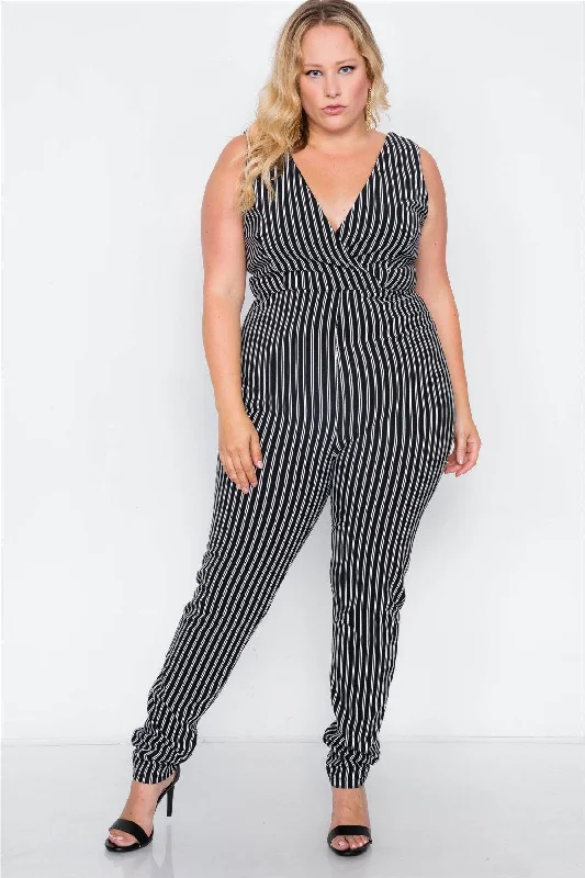 Plus Size Black Stripe V-Neck Bodycon Jumpsuit /2-2-2VNeckTopSolar