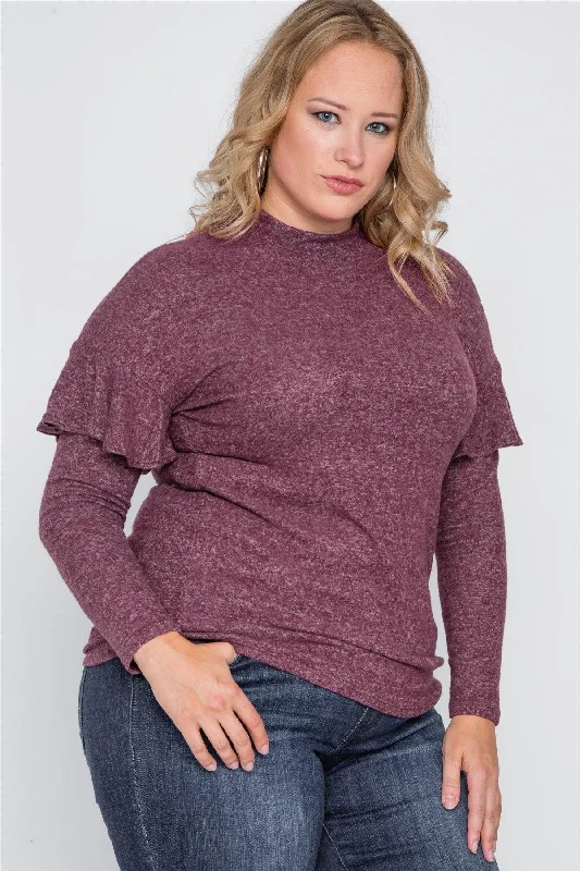 Plus Size Burgundy Ruffle Long Sleeve Casual Sweater /2-2-2