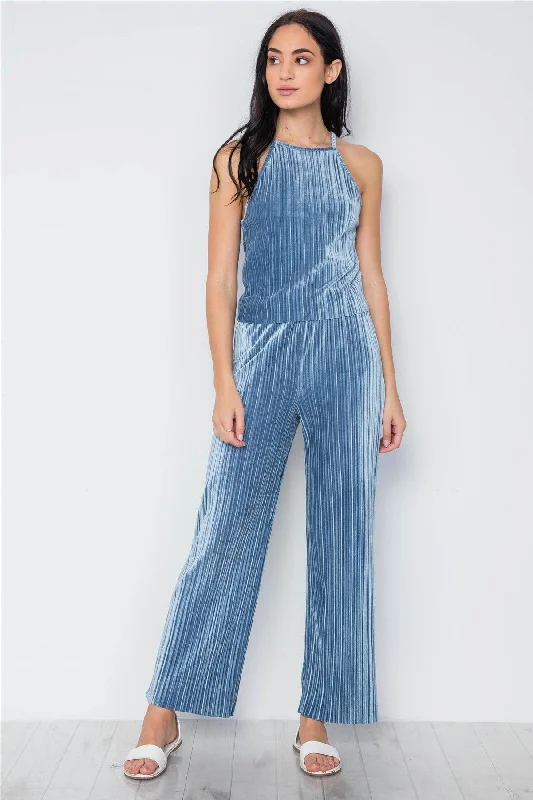 Embroidered PantsBlue Ribbed Velvet Crop Top And Pants Set /2-2-2