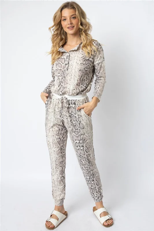 Taupe Snake Print Waffle Knit Long Sleeve Jumpsuit /1-1-1