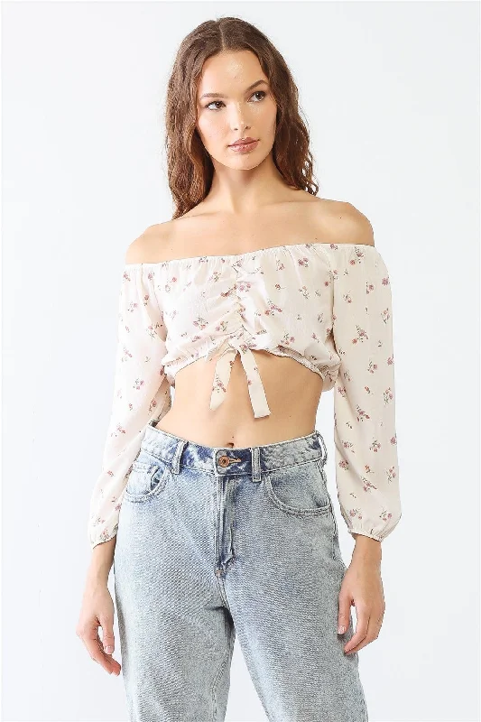 Off-White Floral Print Off-The-Shoulder Long Sleeve Ruched Crop Top /1-1-1