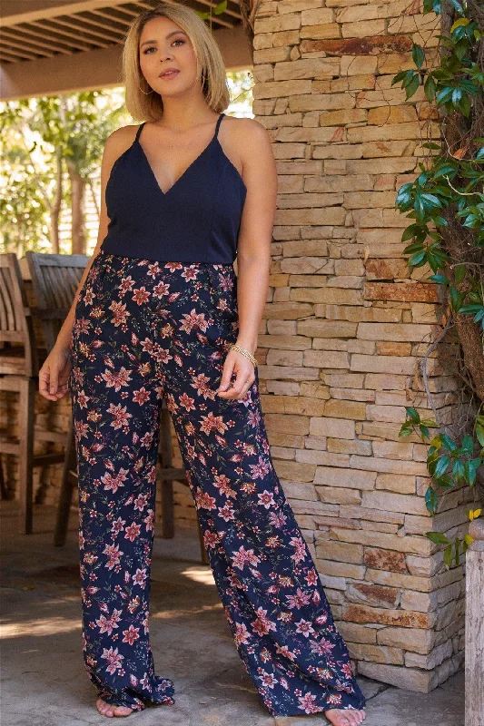 Junior Plus Navy Floral Print Sleeveless V-Neck Lace Back With Zip Wide Leg Jumpsuit /2-2-2VNeckTopFusion