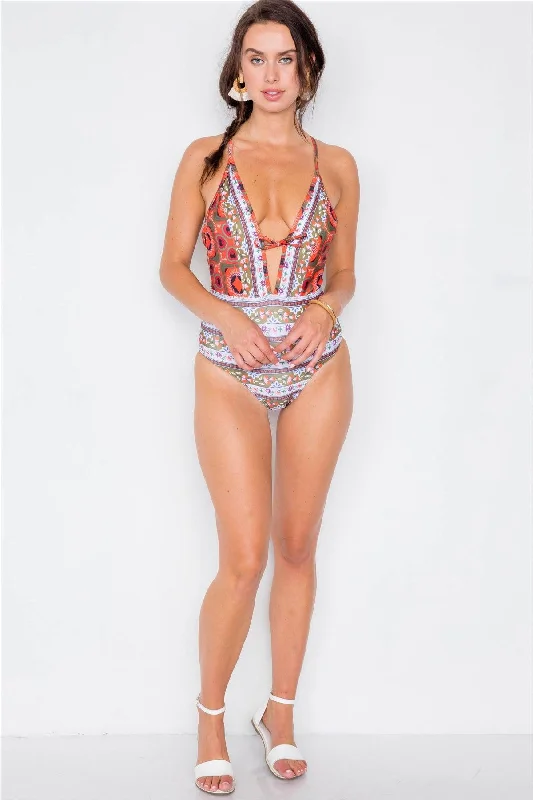 Orange Multi V-Neck Criss-Cross Back One Piece Bikini  / 1-1-2VNeckTopHydra