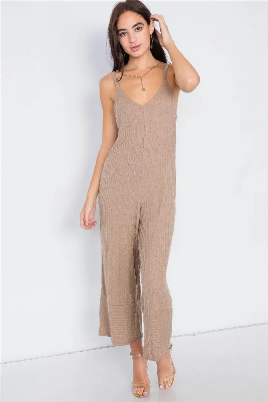 Camel V-Neck Ribbed Knit Gaucho Jumpsuit /3-2-1VNeckTopZen