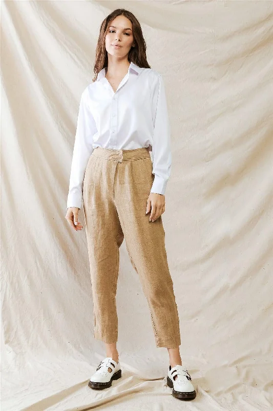 Straight-legBrown Pleated Wrap High Waist Pants /1-2-2-1