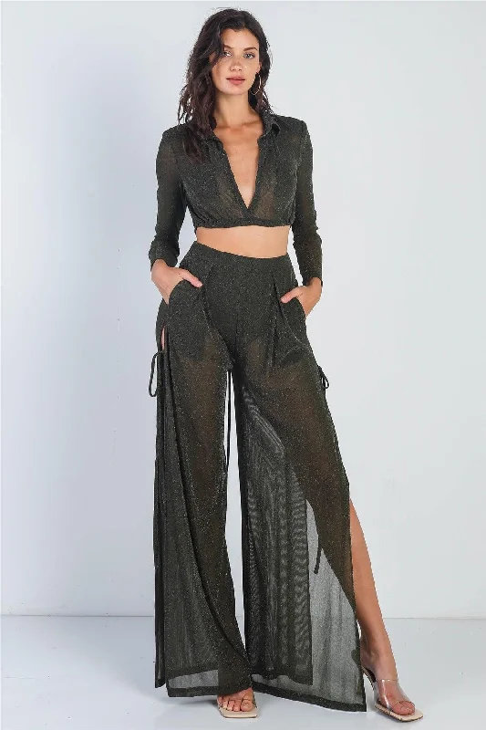 Running PantsOlive Lurex Shoulder Pad Long Sleeve Collared Top & High Waist Side Slits Self-Tie Detail Pants Set /2-2