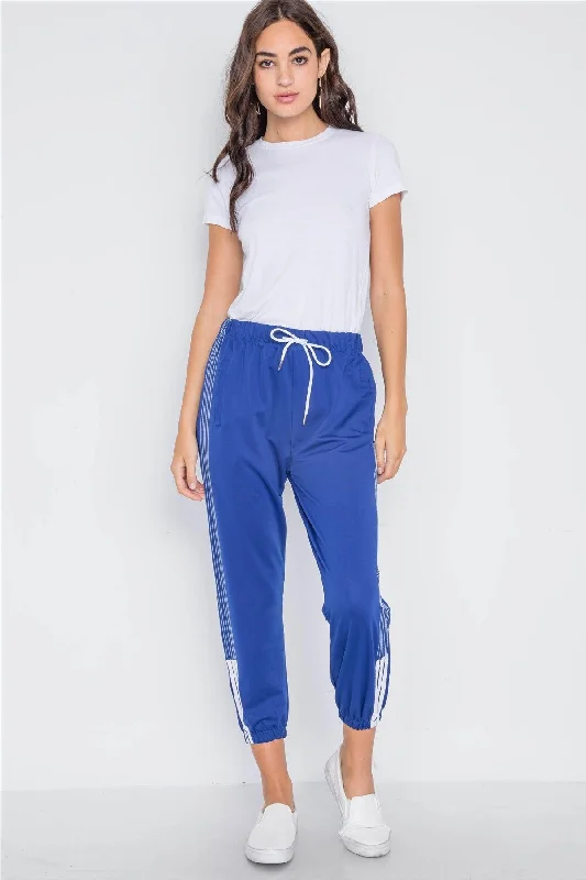 Pleated PantsBlue Mid-Rise Contrast Trim Sporty Joggers Pants /3-3