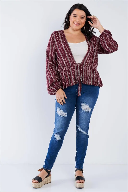 Junior Plus Size Deep Open V-neck Burgundy Boho Top /2-2-2VNeckTopCurrent